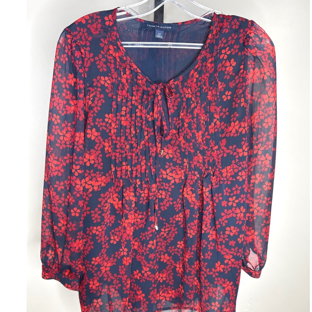 Tommy Hilfiger‎ S/P Womens Floral Pintuck Tie Neck Blouse Navy Red Long Sleeve